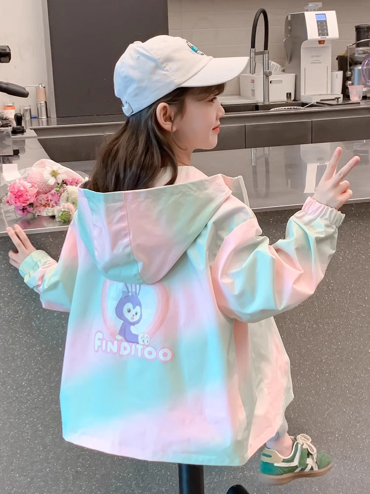Girls Cartoon Hooded Zip-Up Windbreaker Jacket Spring Casual