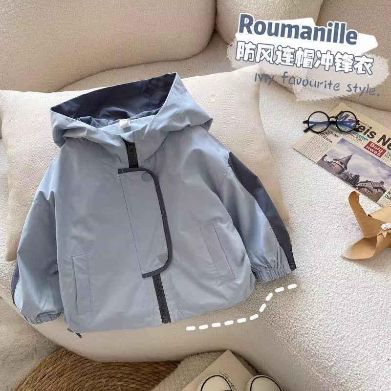 Blue girls hooded windbreaker jacket for spring and autumn with zip closure