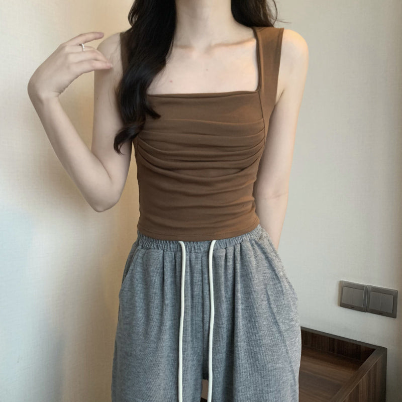 Orange French Style Pleated Wide Strap Camisole Top