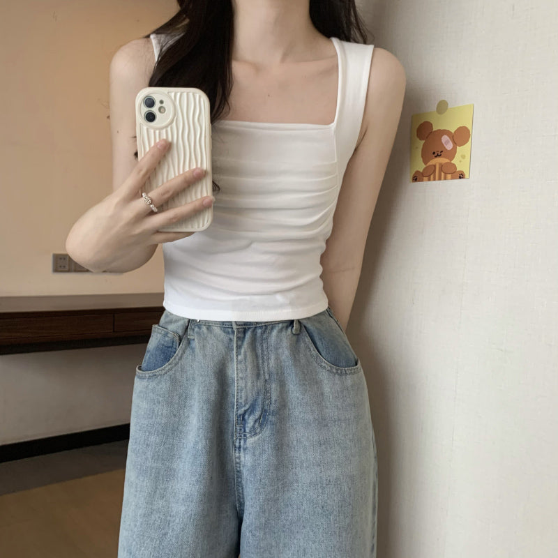 Women's French Style Pleated Wide Strap Camisole Top