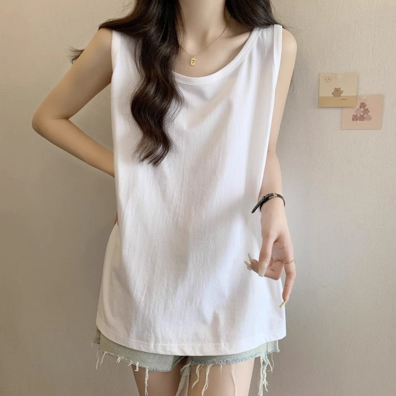 White (Regular Loose Fit Sleeveless Cotton Graphic Tank Top