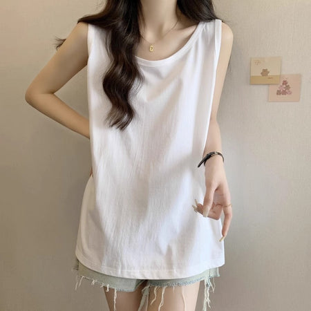 White (Regular Loose Fit Sleeveless Cotton Graphic Tank Top