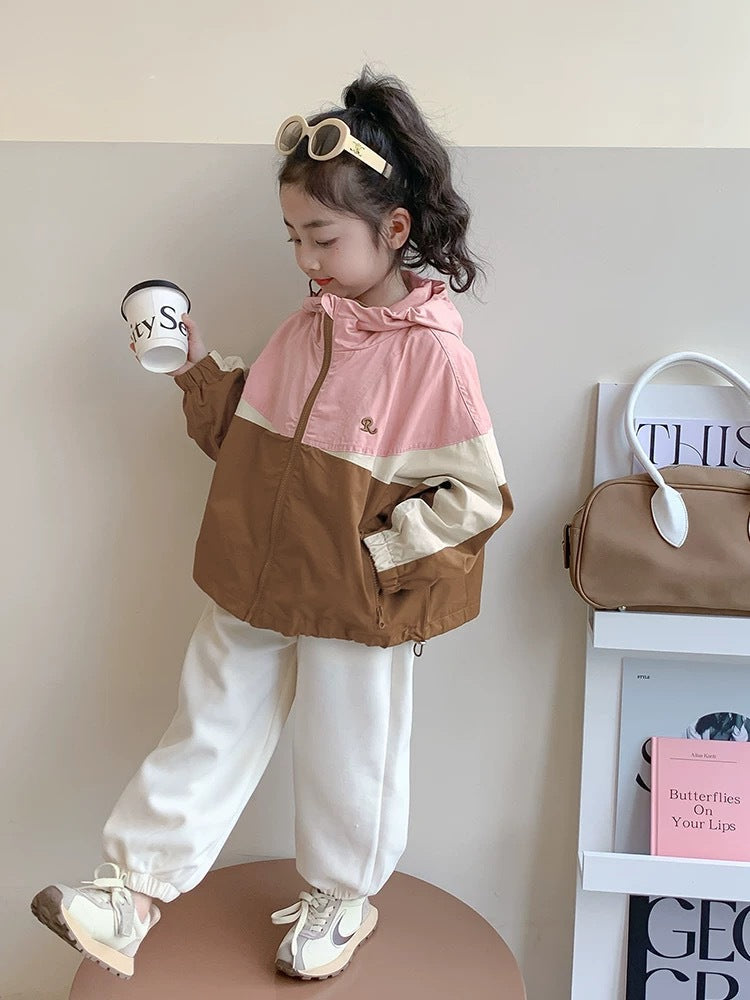 girls hooded windbreaker jacket for spring and autumn with zip closure