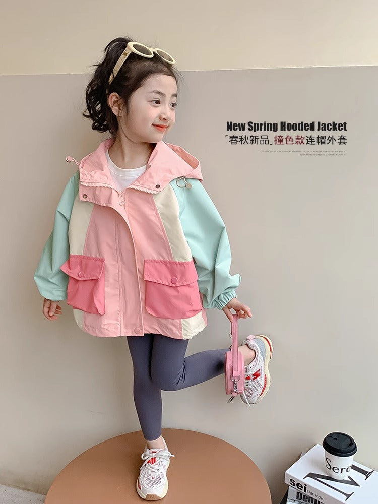 Red girls hooded windbreaker jacket for spring and autumn with zip closure