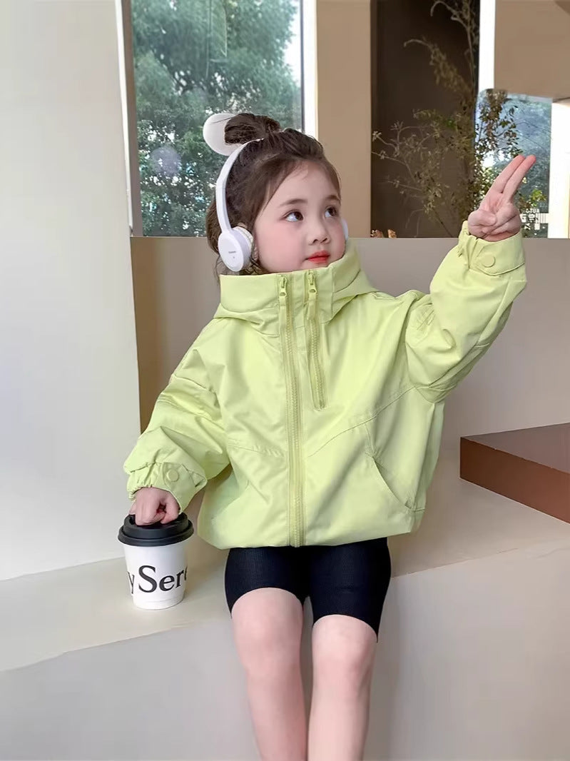 Girls Hooded Double Zipper Windbreaker Korean Style Coat