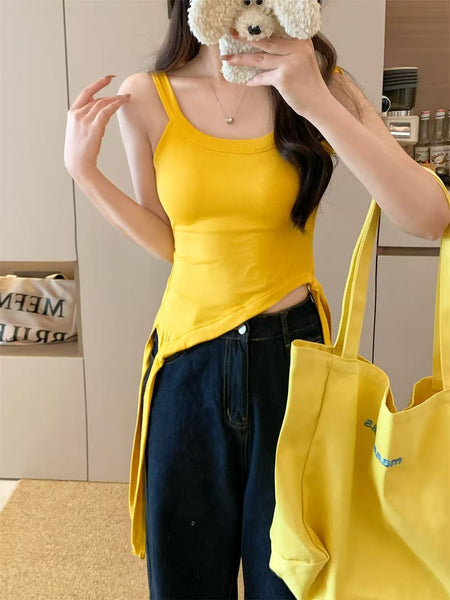 Yellow Lace Trim Slim Fit Camisole Crop Top