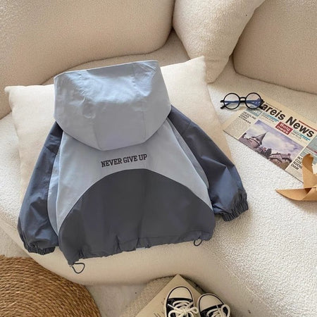 Blue girls hooded windbreaker jacket for spring and autumn with zip closure