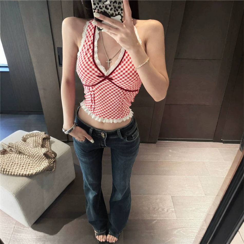 Red Plaid Halter Backless Lace Camisole Crop Top