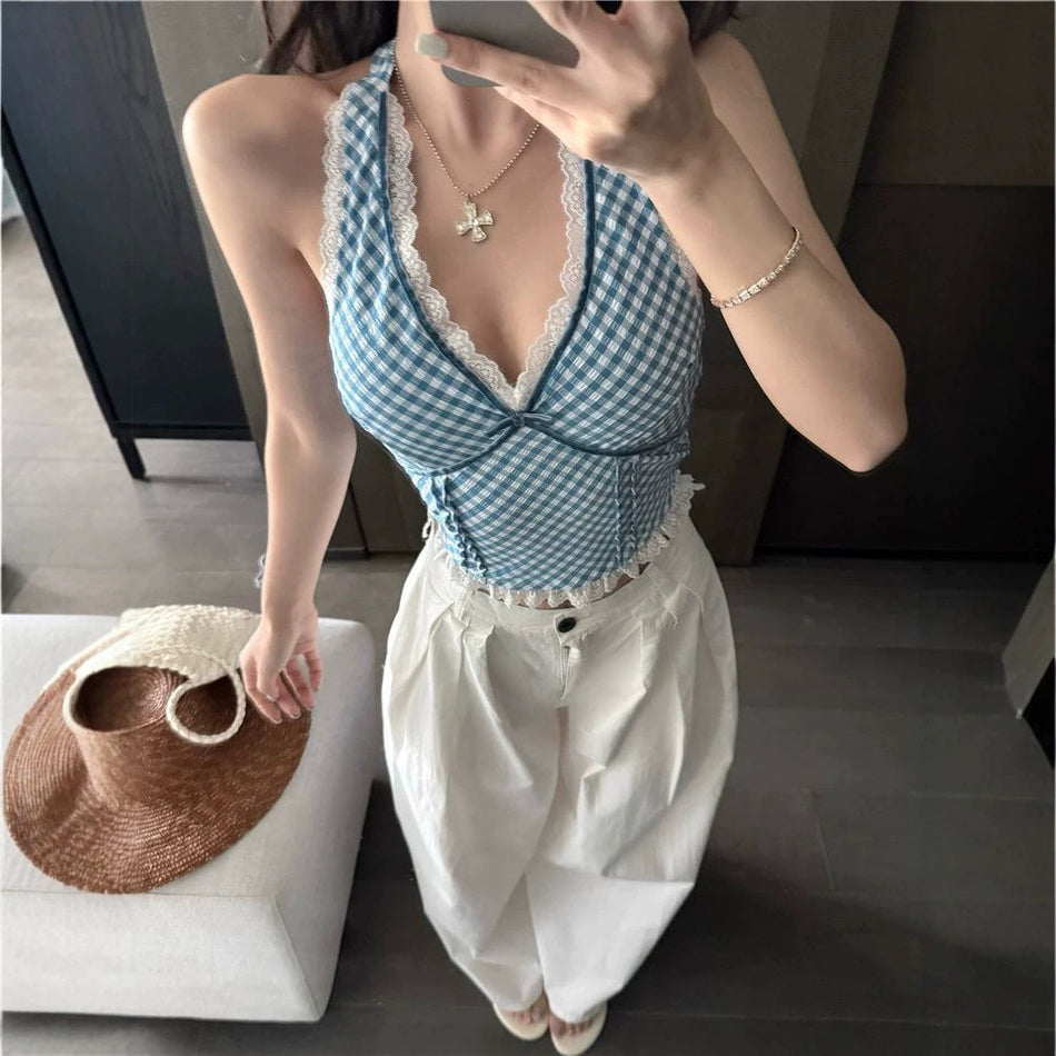 Women's Plaid Halter Backless Lace Camisole Crop Top
