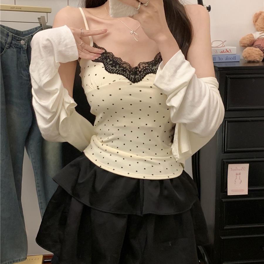 Apricot Polka Dot Lace V-Neck Sleeveless Camisole Top