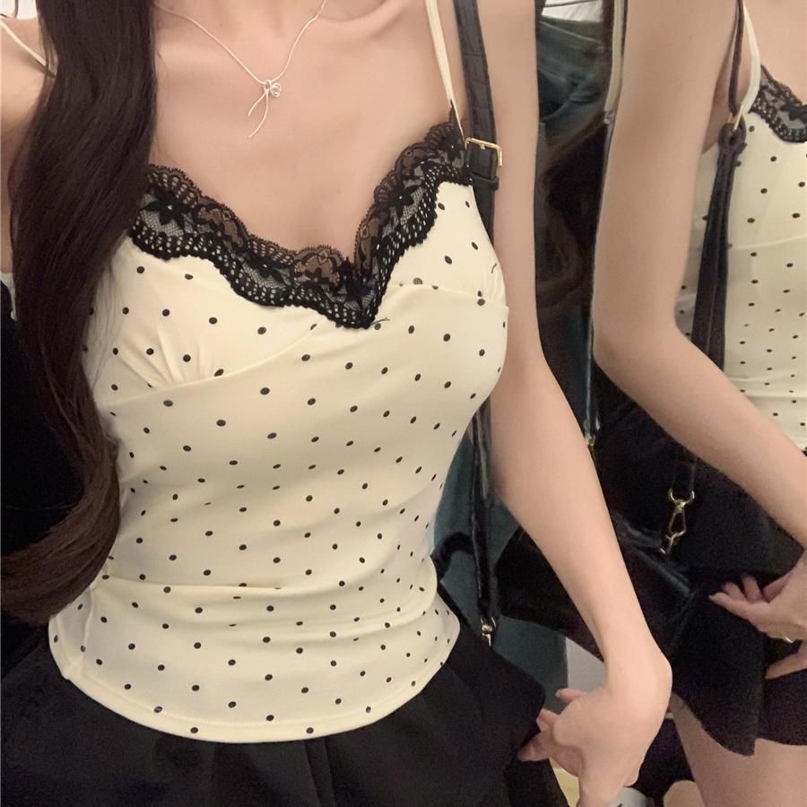 Women's Polka Dot Lace V-Neck Sleeveless Camisole Top