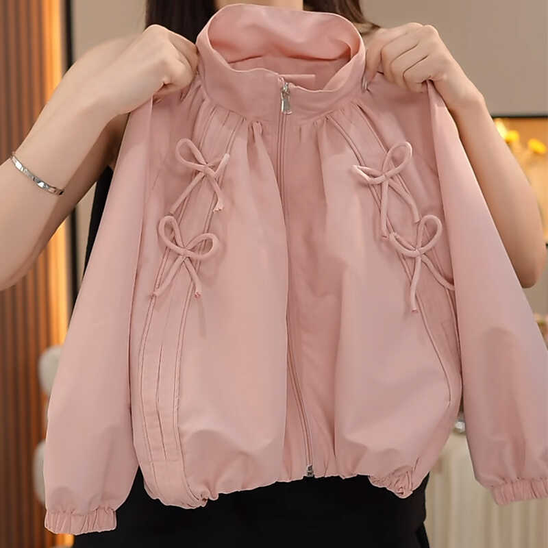 Girls Bowknot Baseball Jacket Pink Spring Windbreaker