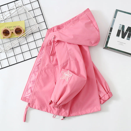 Pink girls hooded windbreaker jacket for spring and autumn with zip closure