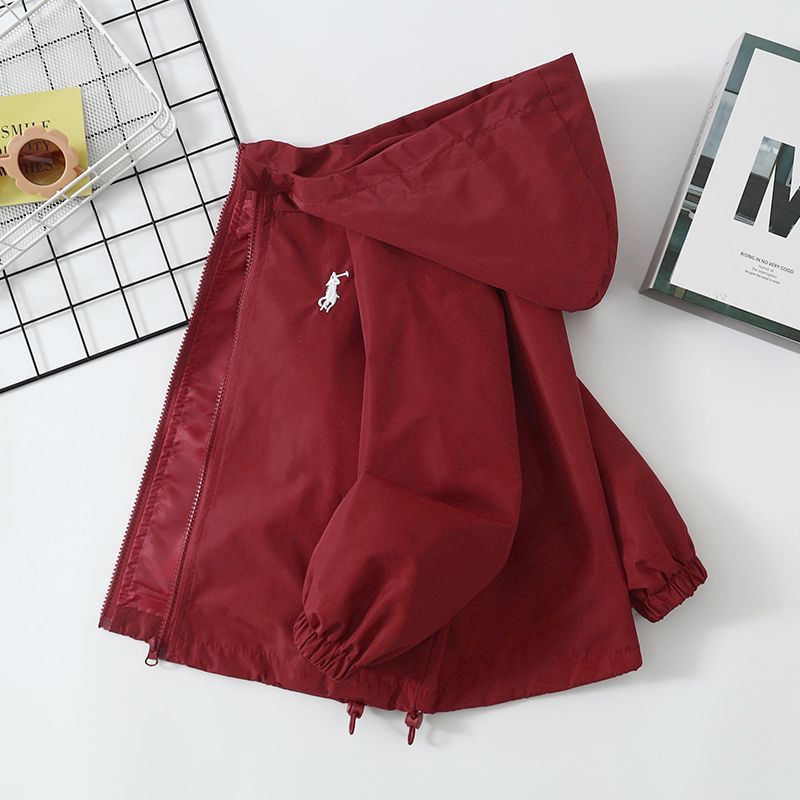 Red girls hooded windbreaker jacket for spring and autumn with zip closure
