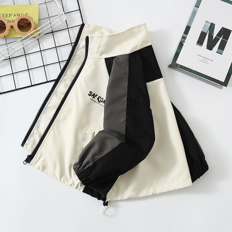 Girls Stand Collar Color Block Jacket Autumn Short Windbreaker