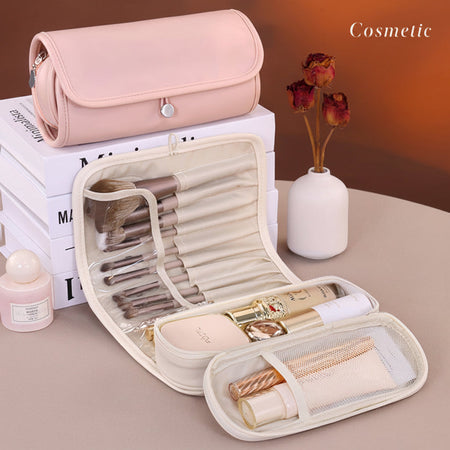 White Foldable PU Makeup Brush Bag Multi-Functional Travel Cosmetic Organizer 8094