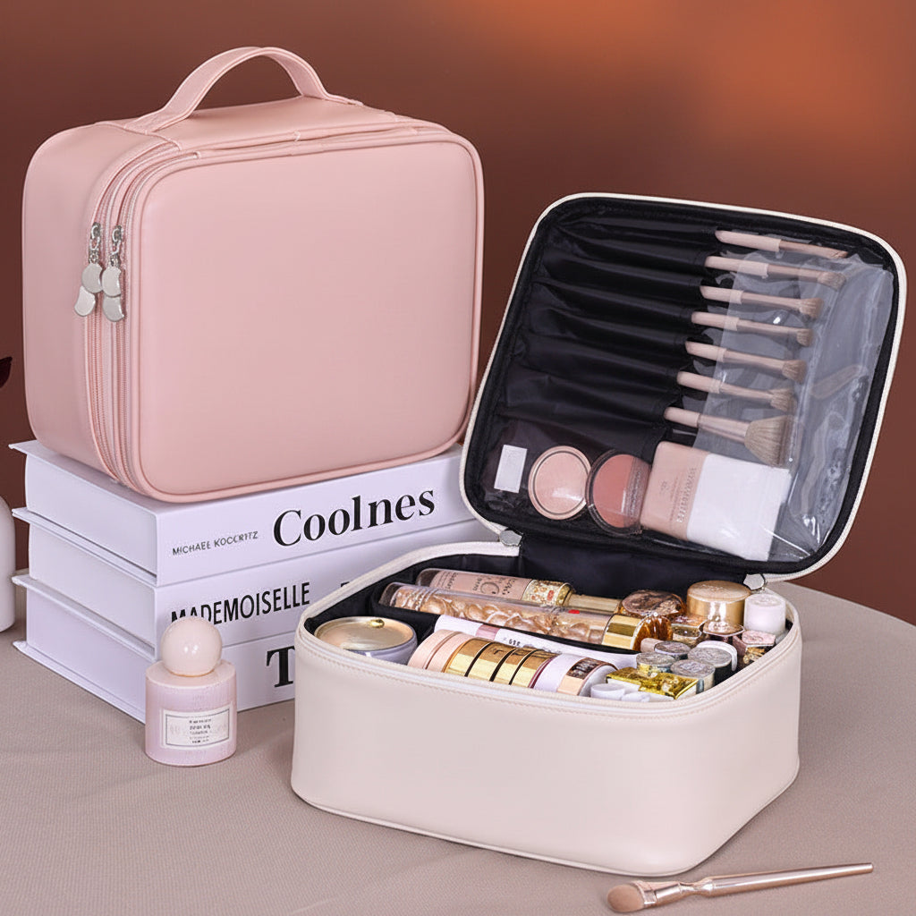 White Double Layer Large Capacity PU Cosmetic Travel Storage Bag 8084