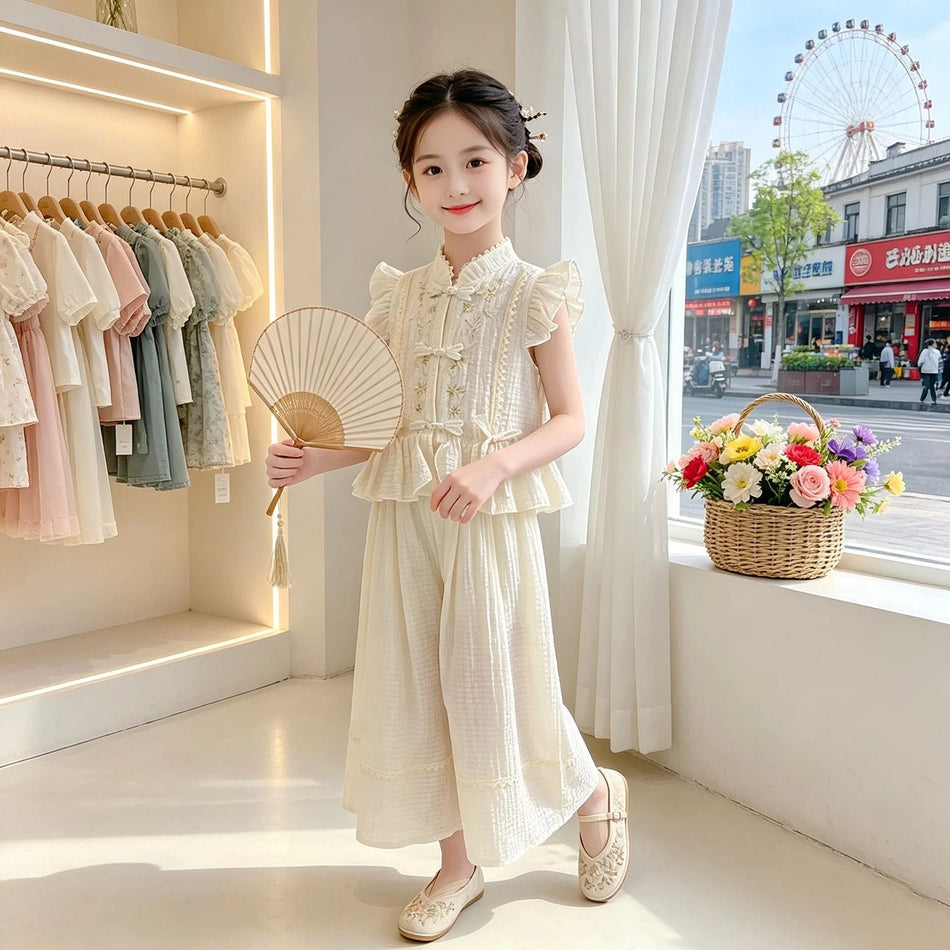 Girls embroidered Chinese-style two-piece summer set with traditional detailing