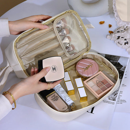 Brown Double Layer Cloud PU Cosmetic Bag Large Capacity Travel Organizer 8020