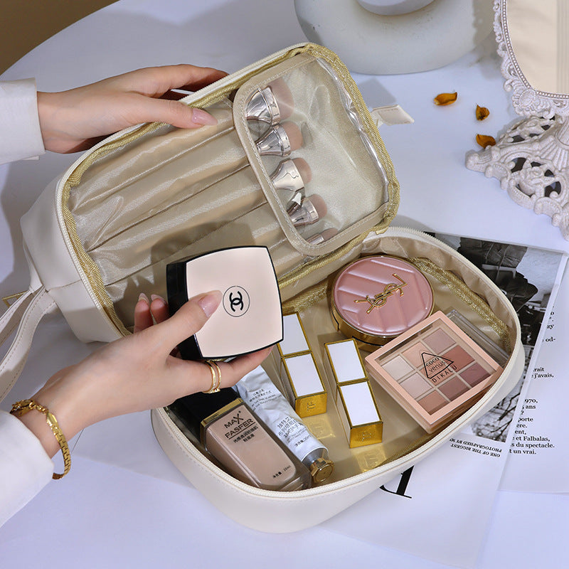 Brown Double Layer Cloud PU Cosmetic Bag Large Capacity Travel Organizer 8020