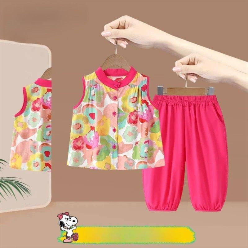 Girls Korean-style Red summer two-piece set with cropped pants for casual wear