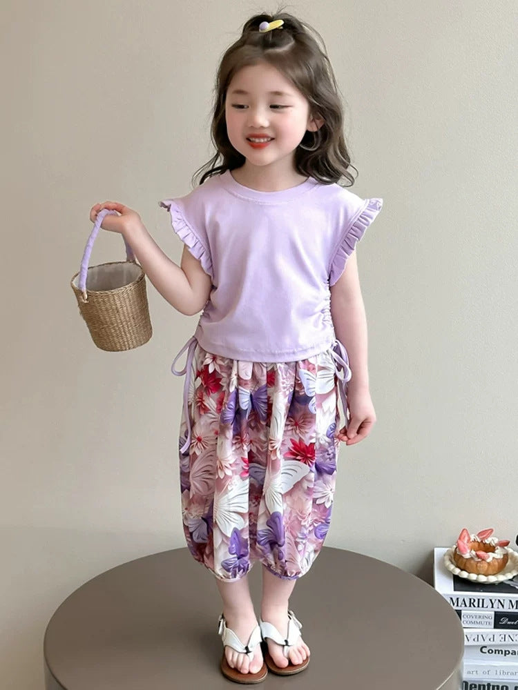 Girls flying sleeve two-piece summer set with drawstring mosquito-proof pants
