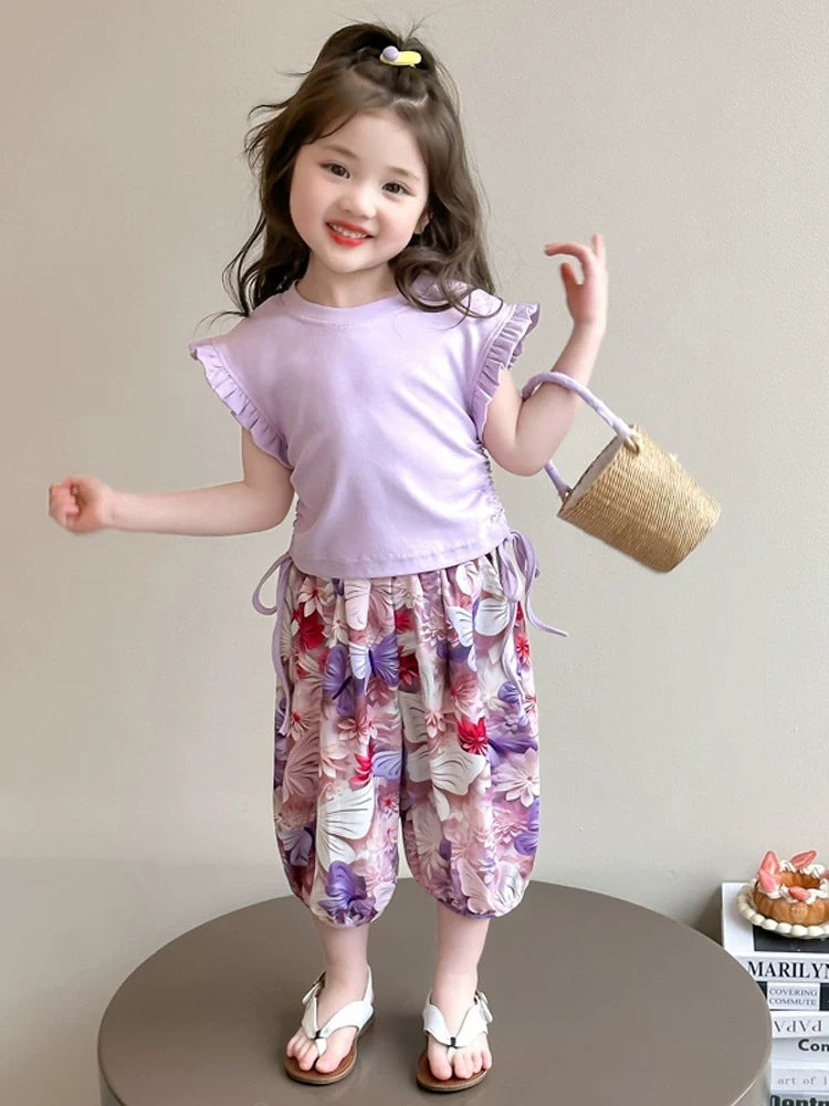 Girls Flying Sleeve Summer Two Piece Set Mosquito Proof Pants