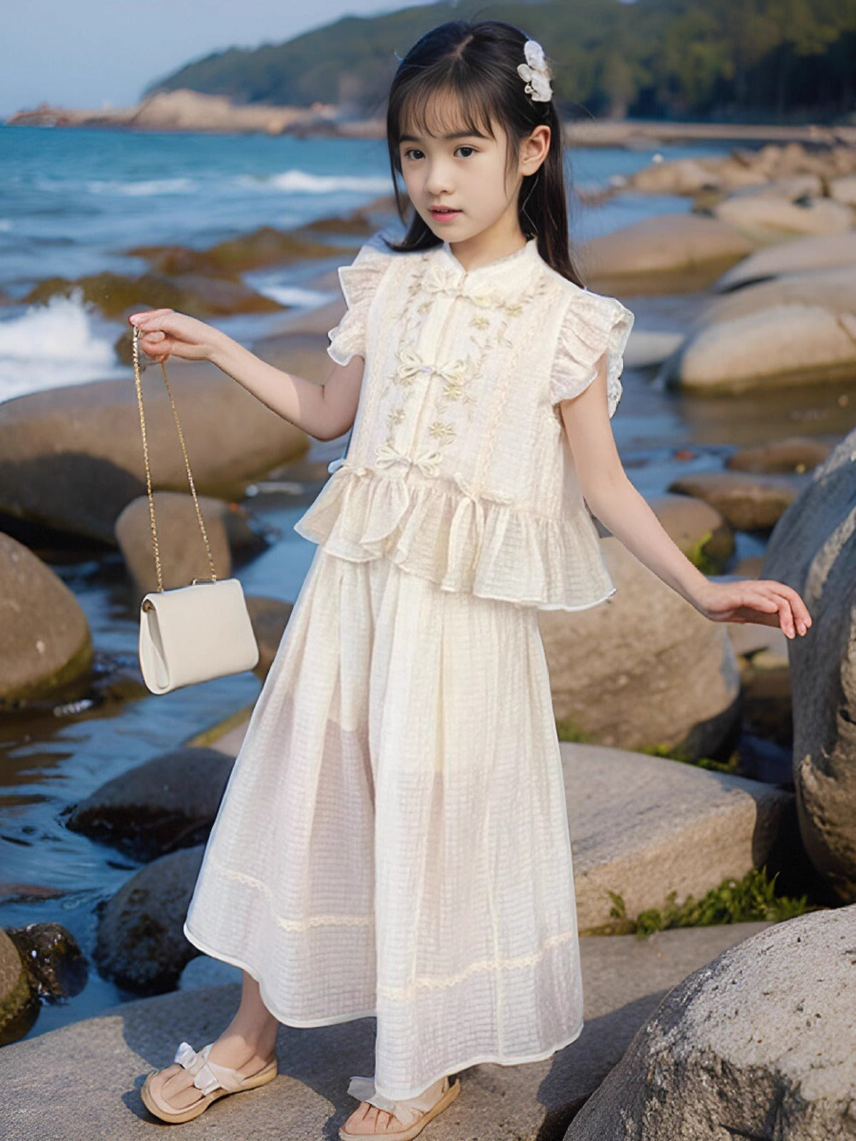 Apricot girls Chinese-style Hanfu two-piece set with lace embroidery and bow detail