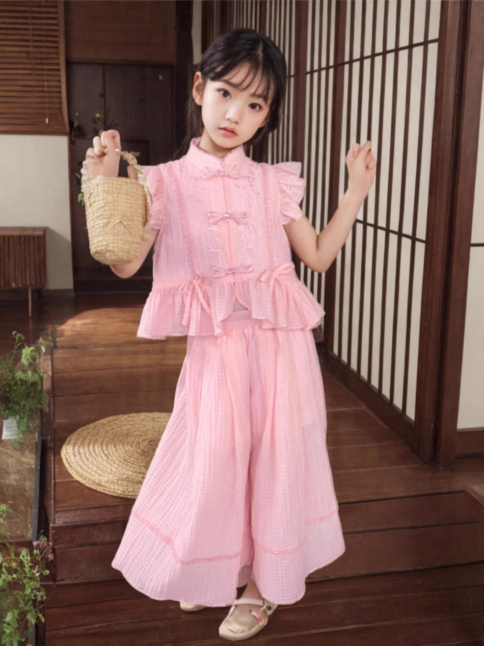 Girls Chinese Style Hanfu Set Summer Short Sleeve Tang Suit