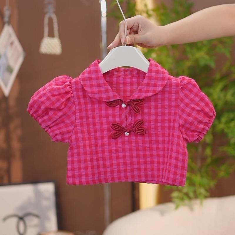 Girls Plaid Two Piece Set Pearl Button Summer Outfit