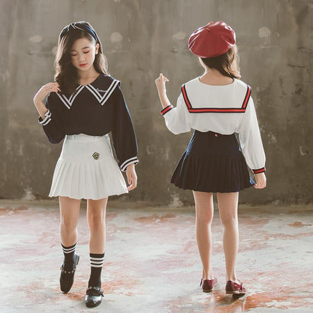 Girls preppy Korean school uniform skirt set in navy blue and white