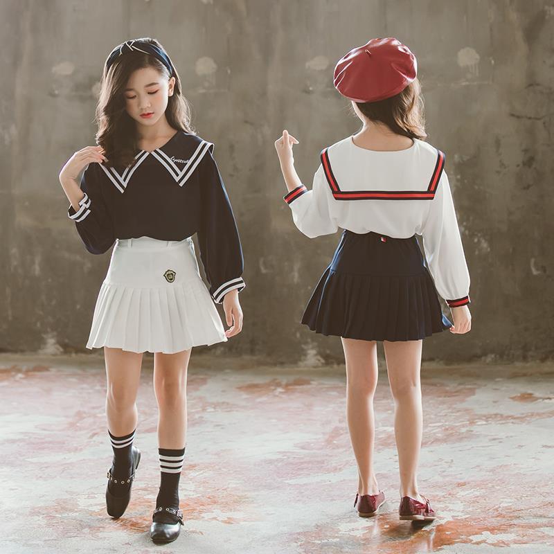 Girls preppy Korean school uniform skirt set in navy blue and white