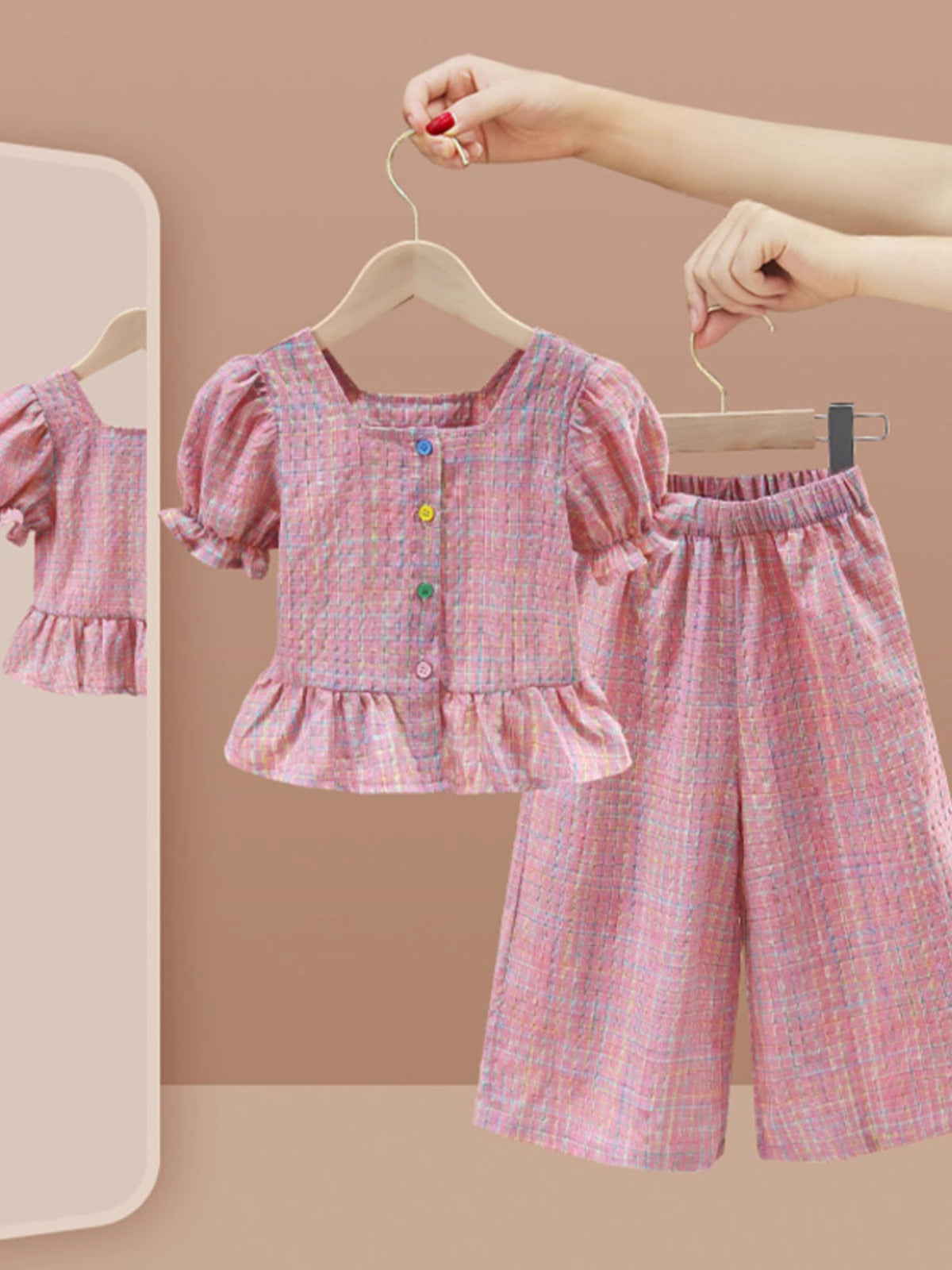 Girls pink plaid short-sleeve top and wide-leg pants two-piece summer outfit