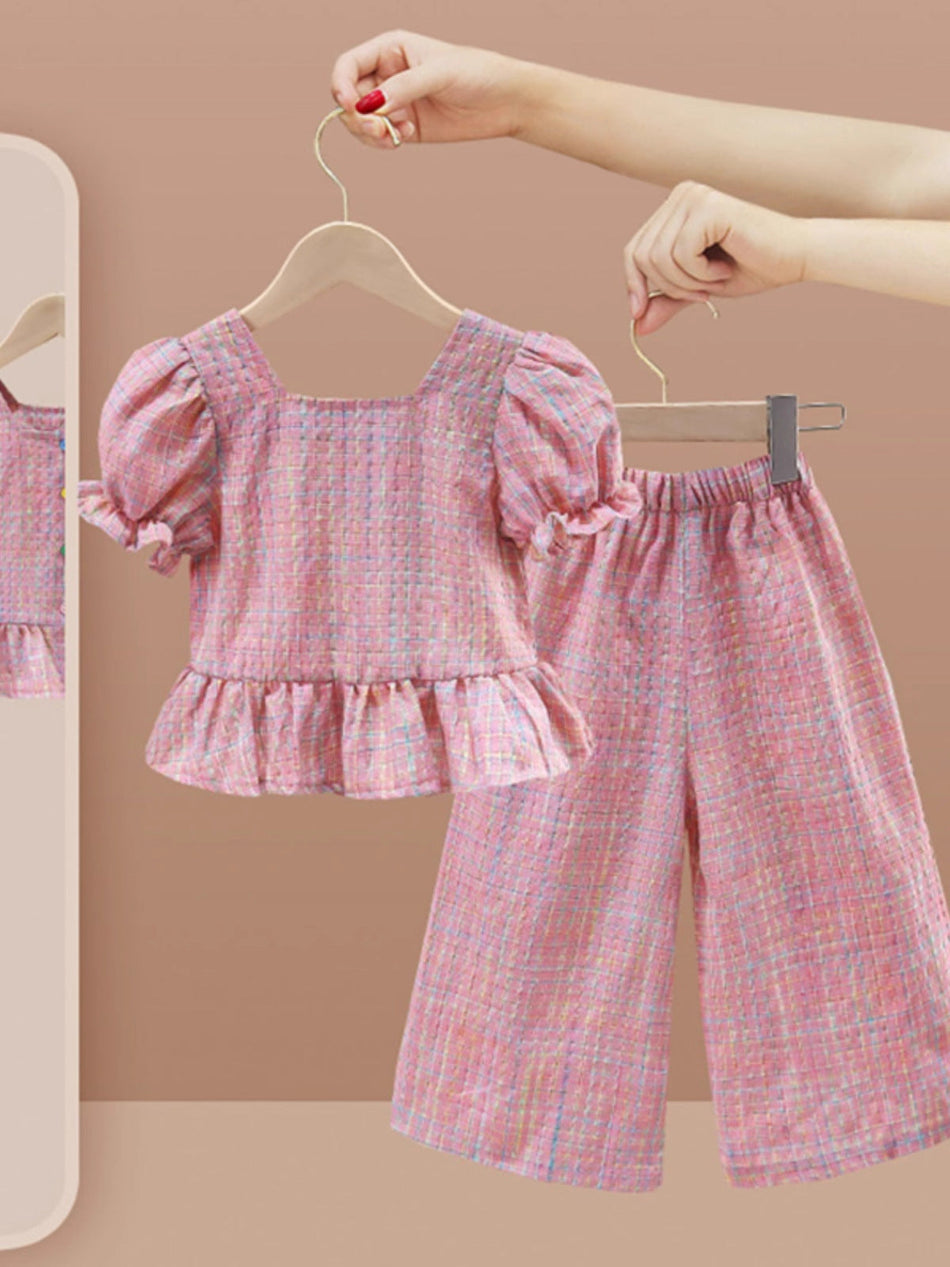 Girls Pink Plaid Two Piece Set Summer Wide Leg Pants Outfit