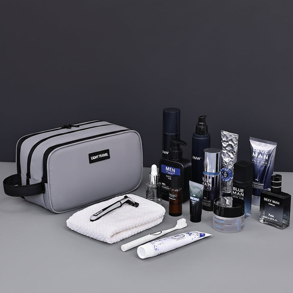 Gray Three-Layer PU Leather Toiletry Bag Travel Organizer 4030