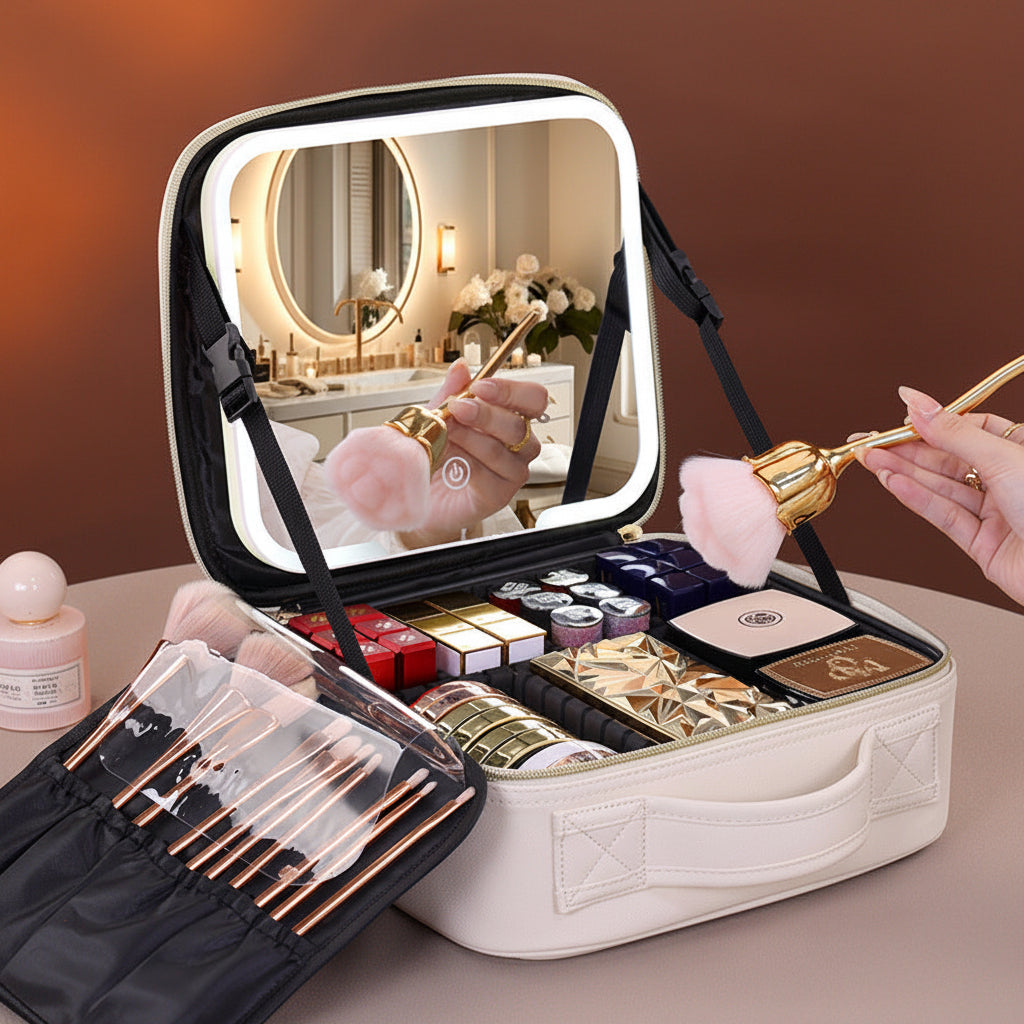 LED Mirror Cosmetic Bag Makeup Artist Storage Case PU Organizer