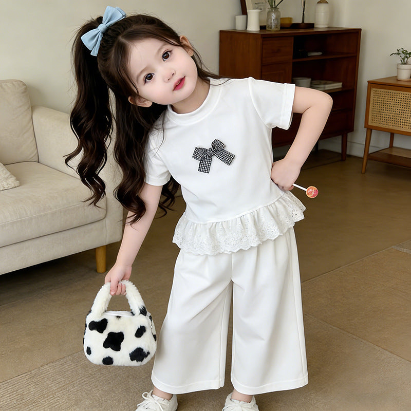 Girls white bow short-sleeve top and wide-leg pants two-piece summer set