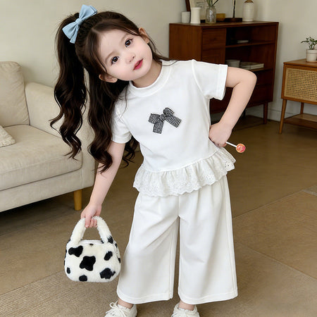 Girls white bow short-sleeve top and wide-leg pants two-piece summer set