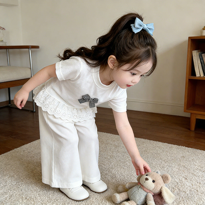 Girls White Bow Short Sleeve Wide-Leg Pants Two-Piece Set Outfit