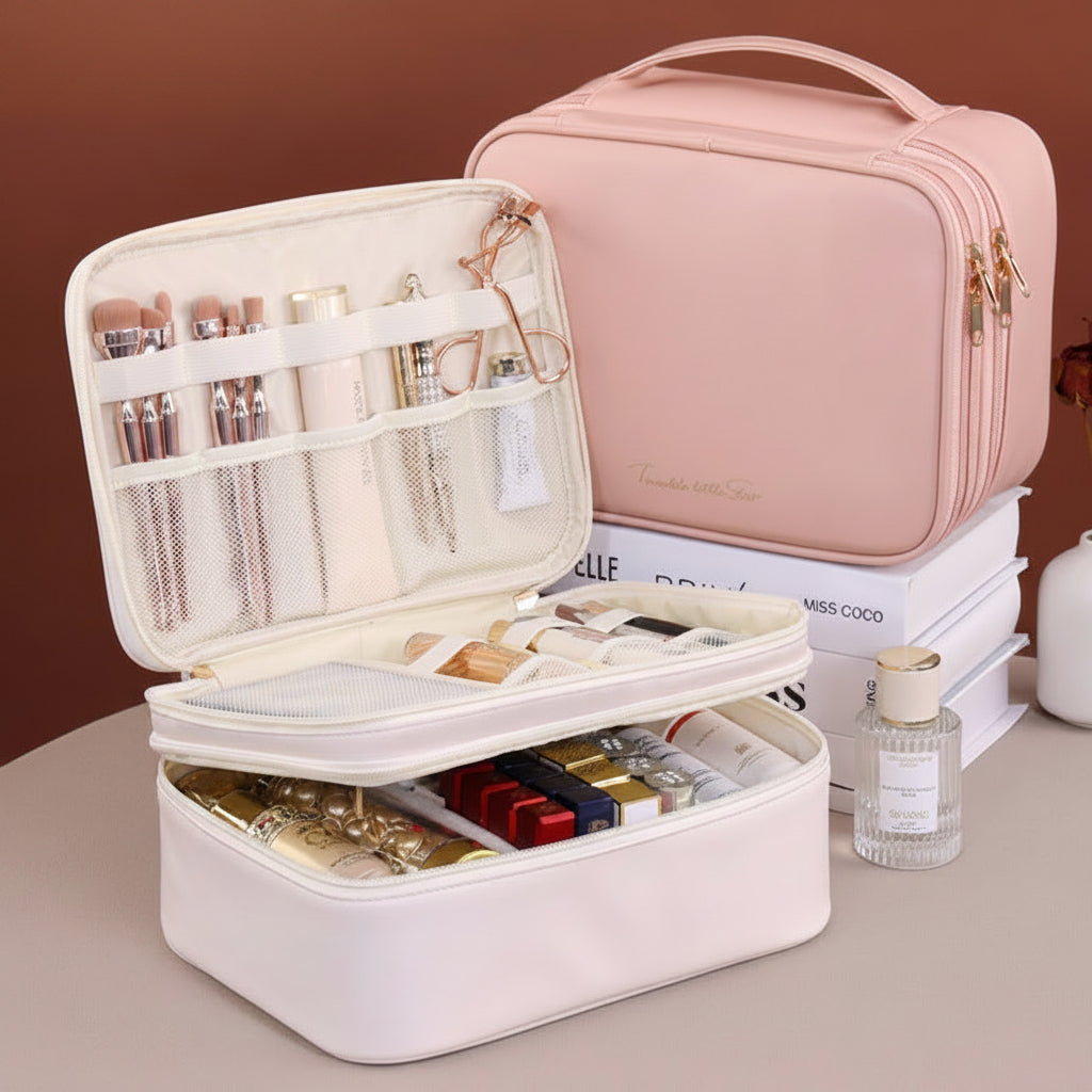 White Double Layer PU Cosmetic Bag Large Capacity Travel Organizer 8114