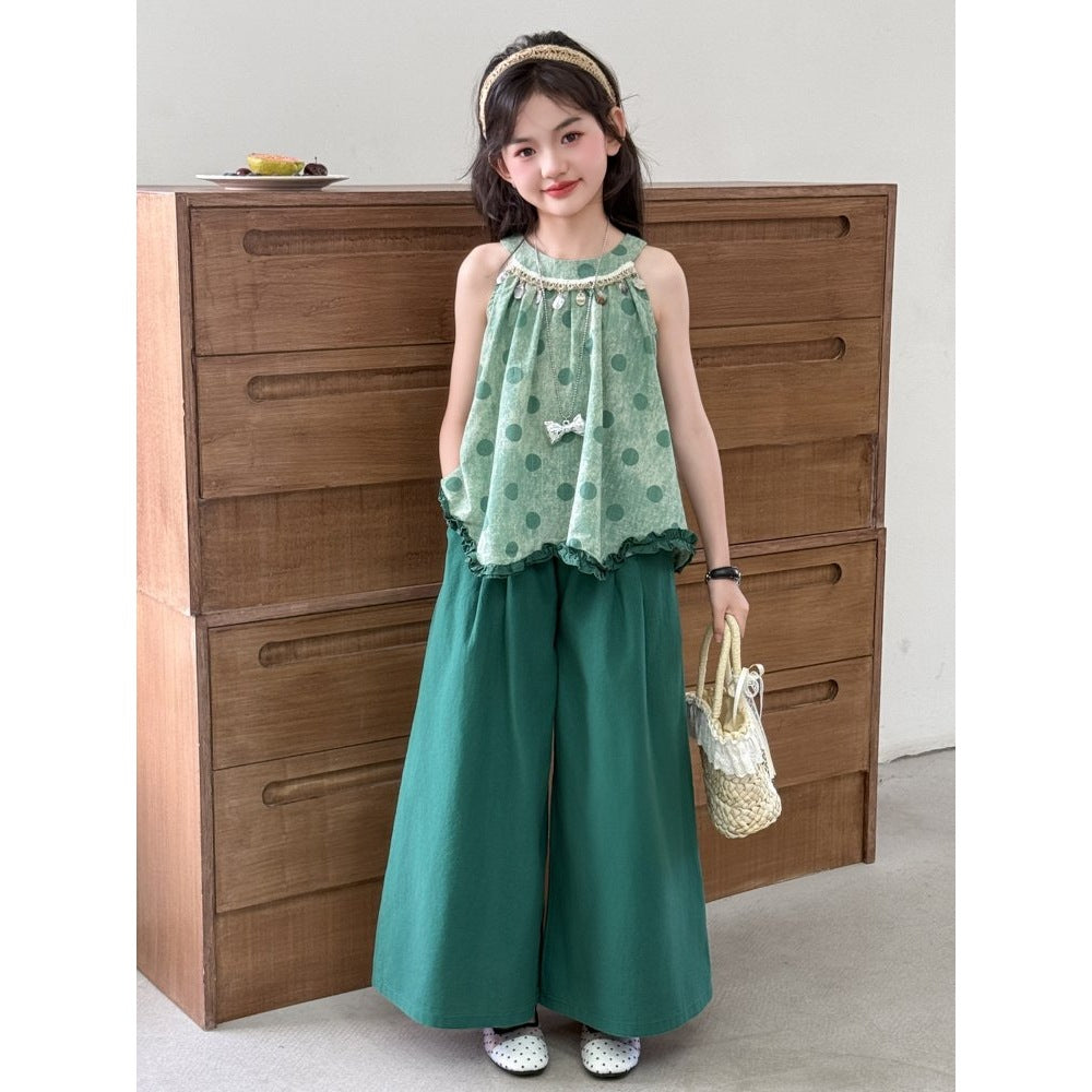 Green girls Korean-style summer vest and trousers two-piece casual outfit set