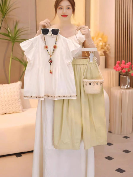 Girls Korean chiffon shirt and cropped pants two-piece summer set for older children