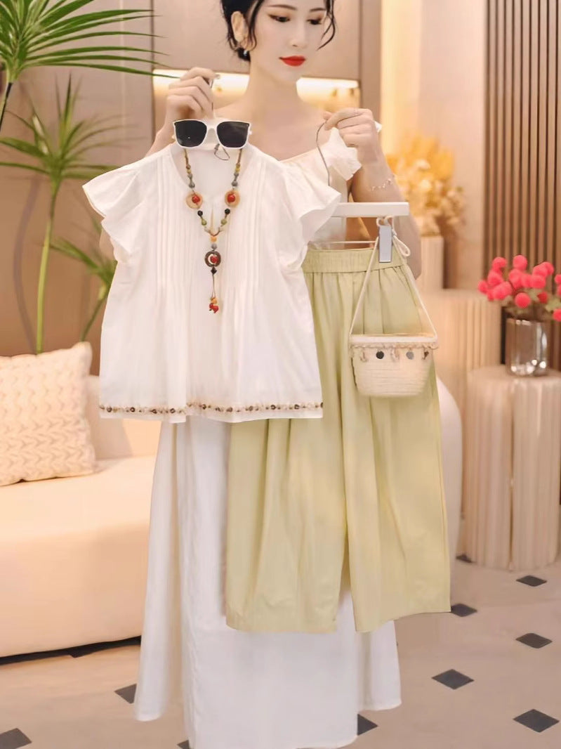Korean Style Girls Chiffon Cropped Pants Two Piece Summer Set