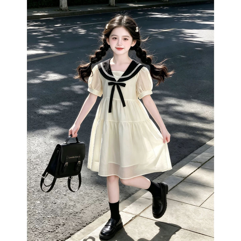 Girls Korean A-line chiffon princess summer dress in beige for school and outings