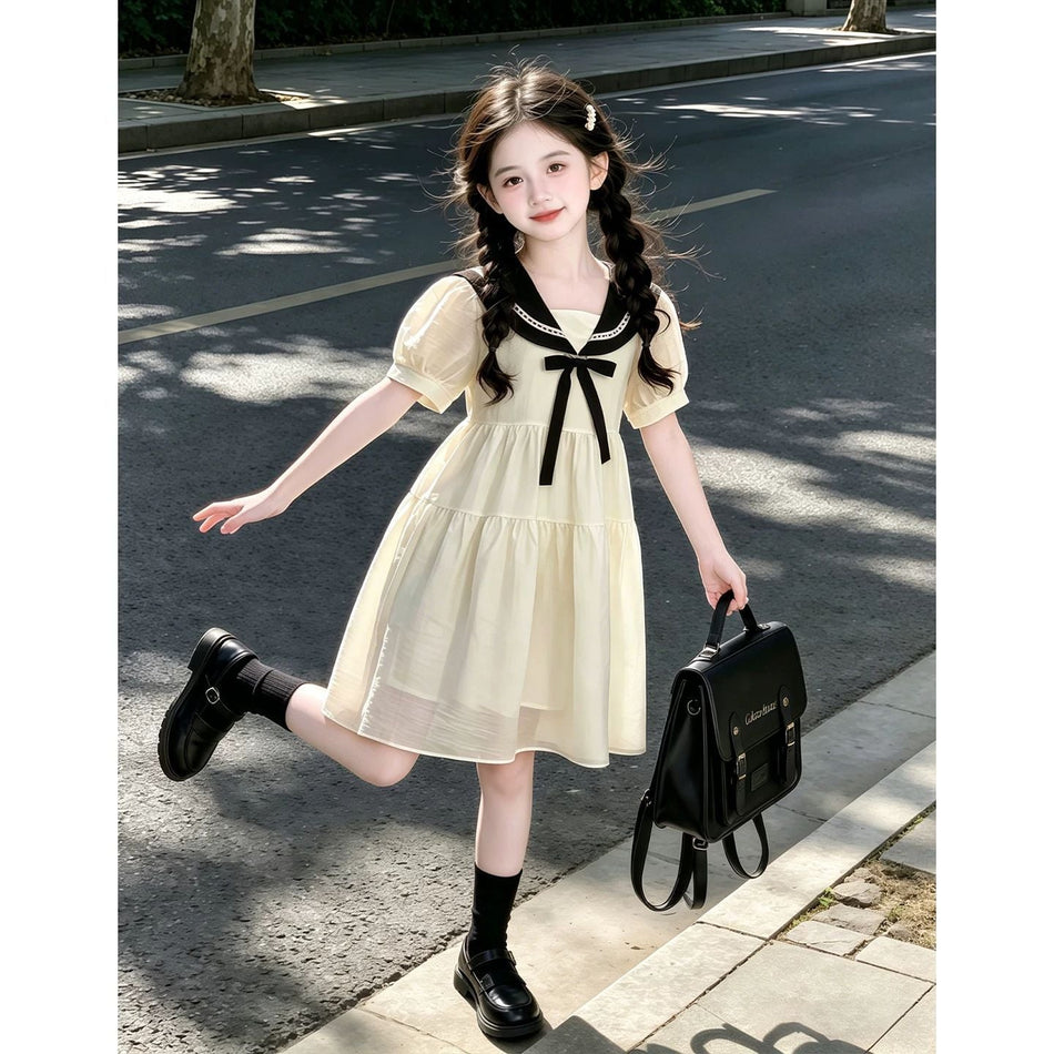 Girls Korean A-Line Chiffon Princess Summer Dress Beige Outfit