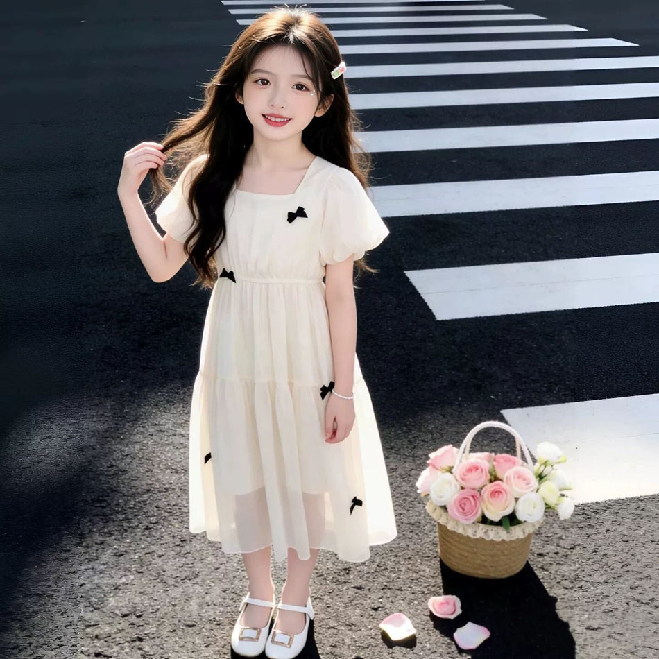 Girls Princess A-Line Summer Dress Beige Bow Kids Outfit