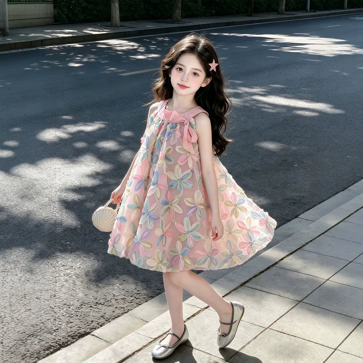 Girls tie-dye long princess beach dress with ink painting effect for summer