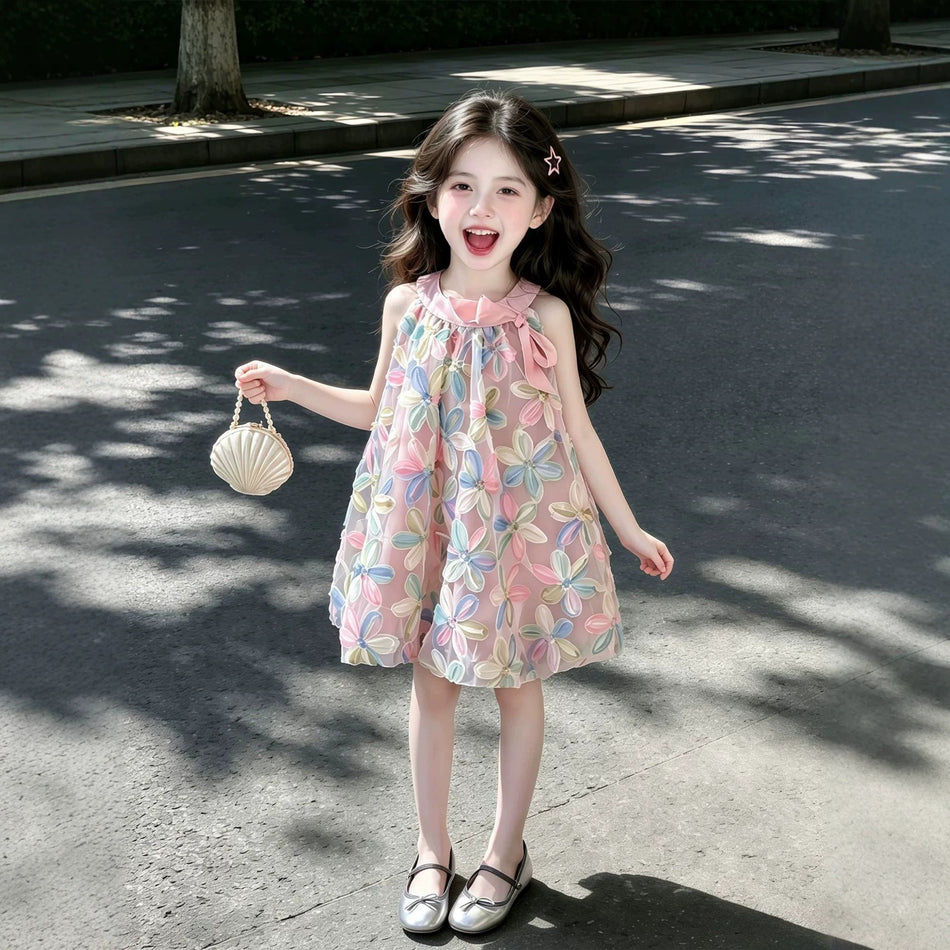 Girls Mesh Princess Summer Dress Pink Sunflower Kids Outfit