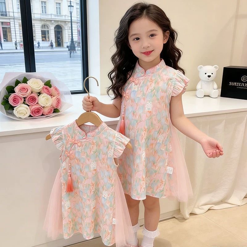 Girls Chinese Style Cheongsam Dress Pink Tulip Bunny Summer