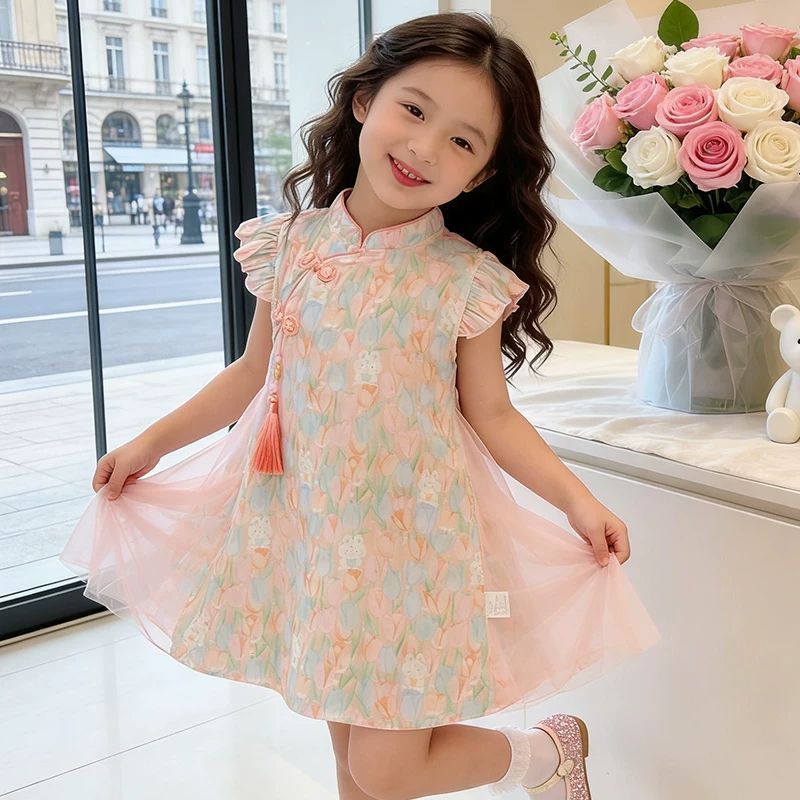 Pink girls Chinese cheongsam princess dress with tulip bunny print for summer